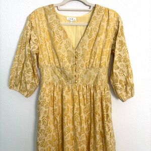 Romantic Cotton Blend Yellow Floral Leaf Print Maxi Dress Women’s Small Modest